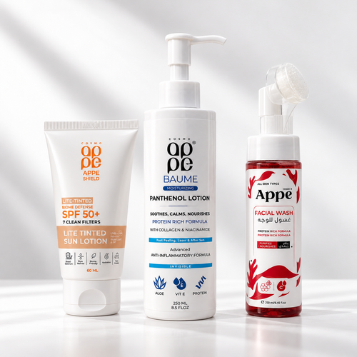 Dry & Sensitive Routine Bundle of 3 - APPE Hydrating Facial Wash with Brush, Panthenol Baume Lotion & Shield Lite Tinted Biome Defense SPF 50+ - Appearance Factors
