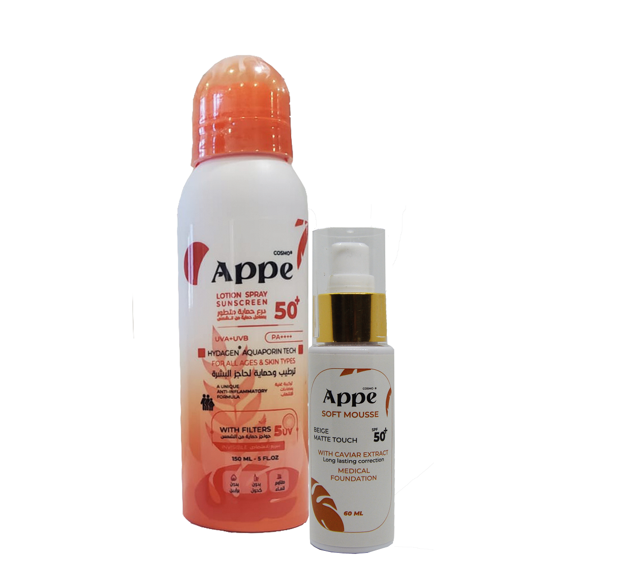 COSMO APPE Spray Lotion + Soft Mousse Sunscreen spf 50+ سبراي الحماية من الشمس وفاونديشن طبي