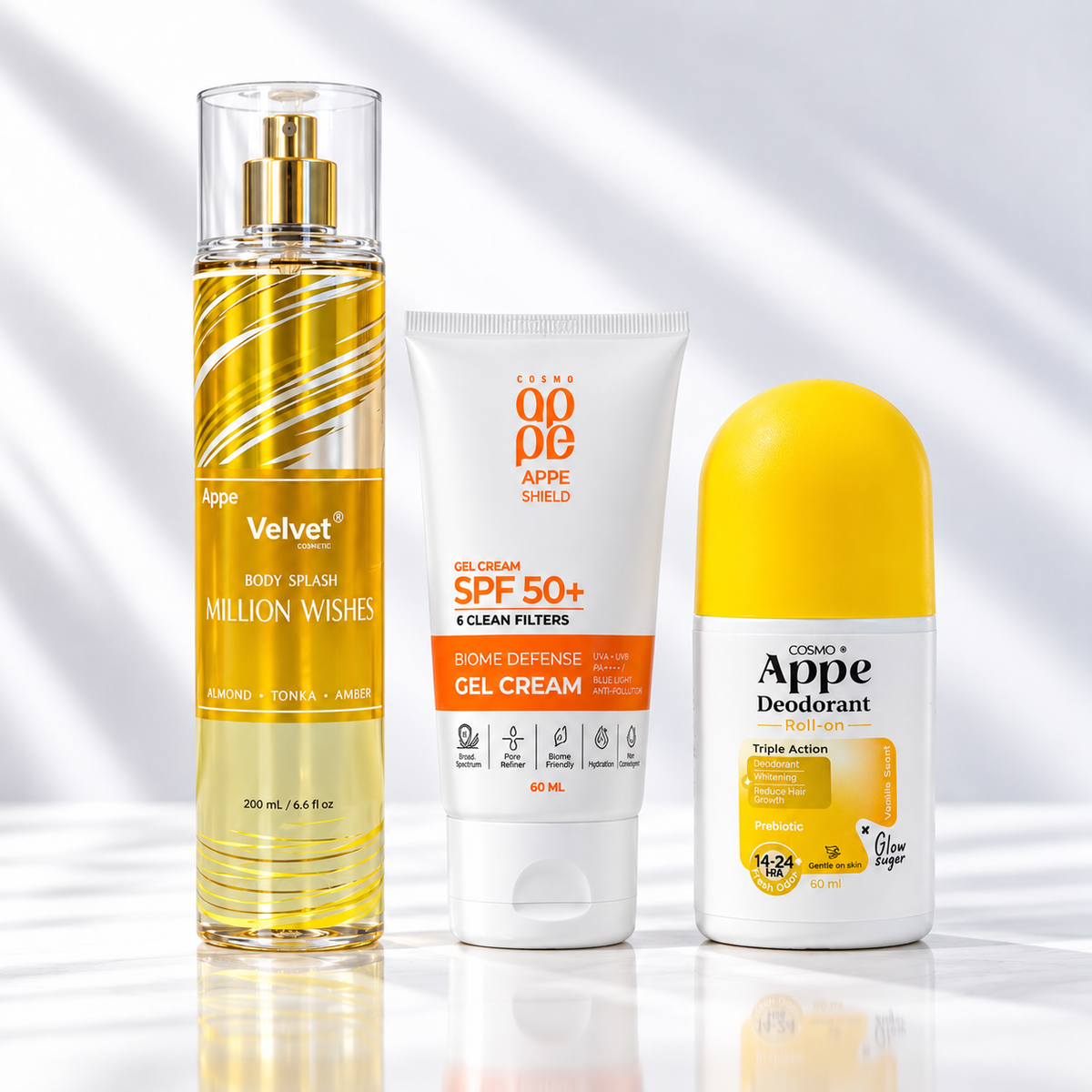 Daily Fresh Bundle of 3 - APPE Deodorant Roll-On Vanilla, Velvet Body Splash Million Wishes & Shield Biome Defense Gel Cream SPF 50+ - Appearance Factors