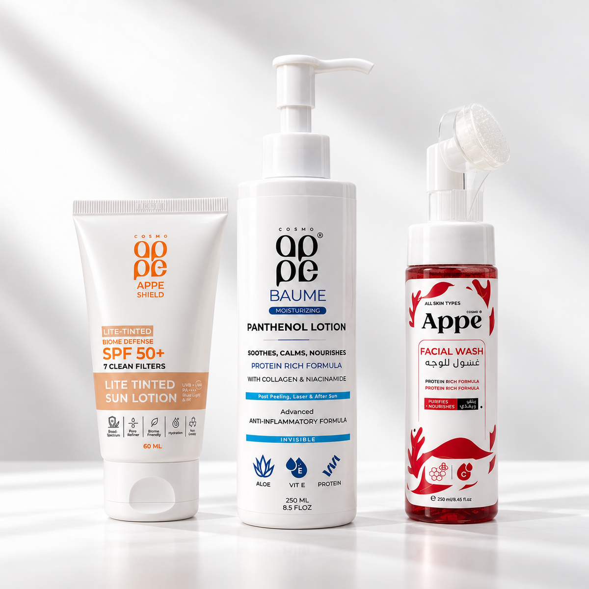 Dry & Sensitive Routine Bundle of 3 - APPE Hydrating Facial Wash with Brush, Panthenol Baume Lotion & Shield Lite Tinted Biome Defense SPF 50+ - Appearance Factors