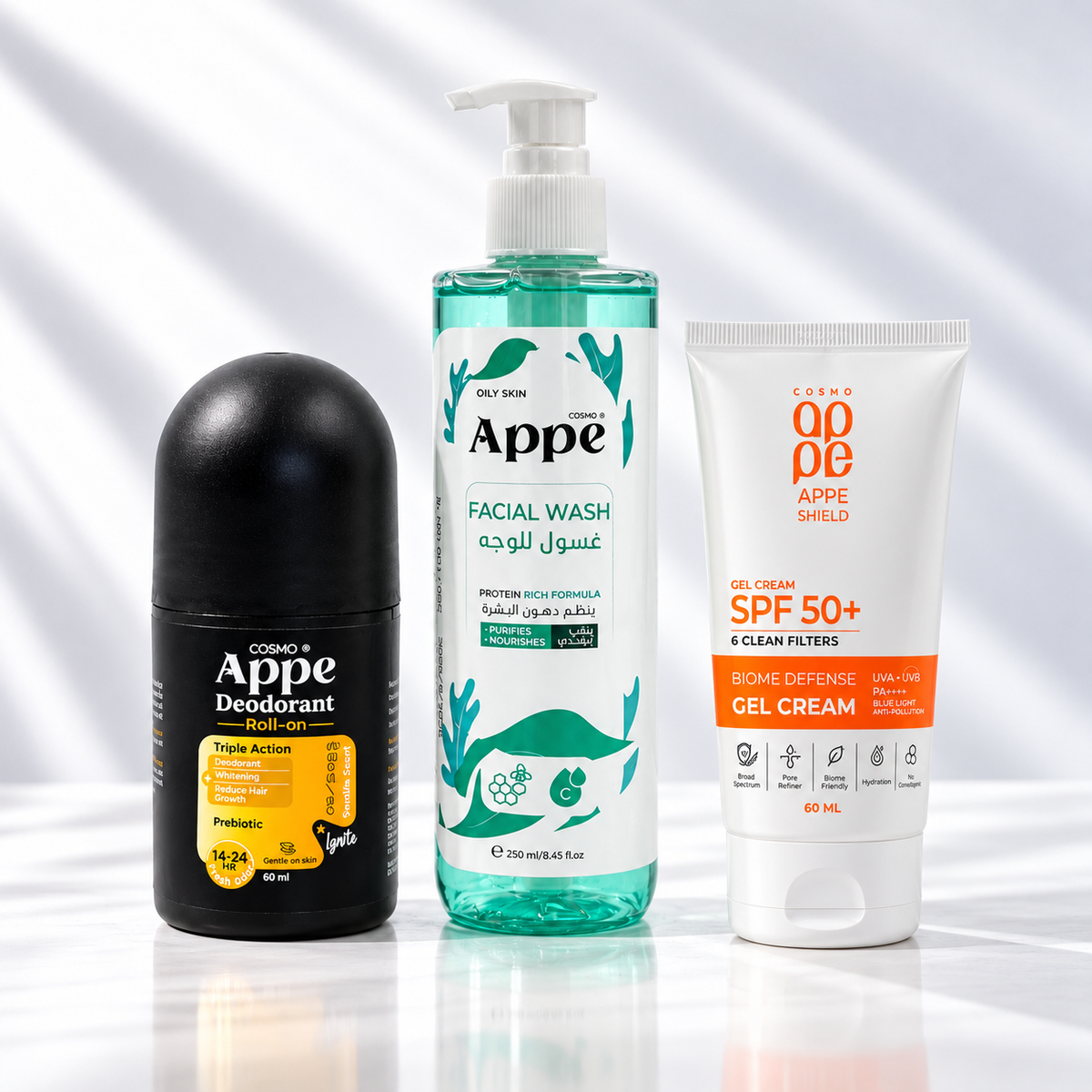 Men's Kit Bundle of 3 - APPE Deodorant Roll-On for Men Black Ice, Purifying Facial Wash & Shield Biome Defense Gel Cream SPF 50+ - Appearance Factors