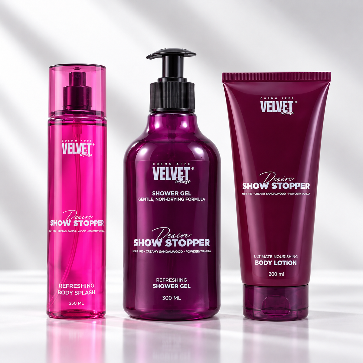 Show Stopper Scent Layering Bundle of 3 - APPE Velvet Show Stopper Shower Gel, Body Lotion & Body Splash - Appearance Factors