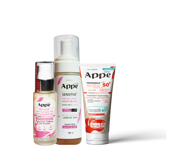 COSMO APPE (Renewal Eye Cream + Foam + Gel Sunscreen spf 50+) جيل الحماية من الشمي وغسول البشرة الحساسة وجيل العين